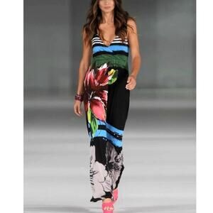 Desigual Septiembre Maxi Dress Womens Small Black Multicolor Tropical Floral